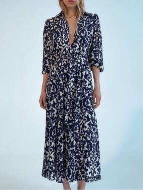 Zara Navy and White Printed Wrap-Style Midi Dress